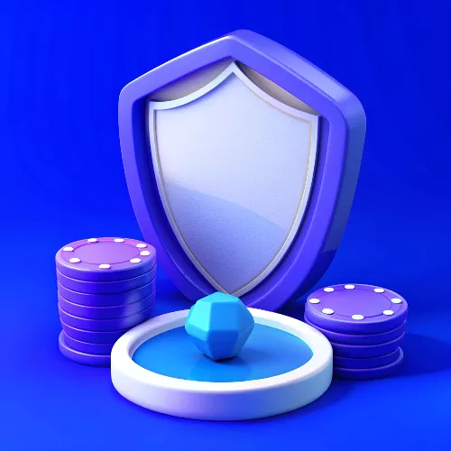 Europe Fortune Casino: 3D illustration emphasizing security and fairness in online gaming. A gleaming golden fortress stands at the center, its walls adorned with the casino's logo. Digital locks and shields decorate the fortress, representing cybersecurity. A transparent cube containing a balanced scale floats above, symbolizing fair play. Casino chips and cards orbit the fortress like satellites. In the foreground, a futuristic scanning device emits a blue light, suggesting advanced fraud detection. The background features a gradient from deep blue to purple, dotted with binary code, embodying the digital nature of online gaming. This image encapsulates the secure, fair, and technologically advanced gaming environment offered by Europe Fortune Casino.