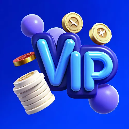 The Europe Fortune Casino VIP Program is illustrated in 3D, showcasing a large, glossy blue "VIP" text encircled by stylized casino chips and golden coins. The image features a vibrant blue background, signifying luxury and exclusivity. White and gold chips are stacked next to the letters, while floating golden coins adorned with star and cross symbols convey a sense of reward and achievement. Purple spheres in the background add depth and visual interest, highlighting the premium nature of the VIP experience at Europe Fortune Casino.